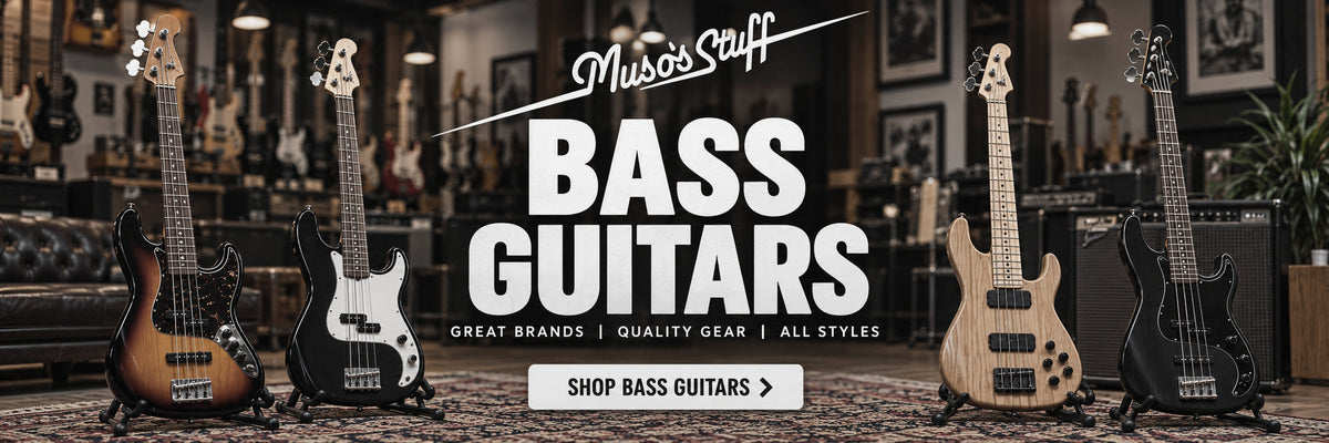 Bass guitars at Muso's Stuff – natural colour collection banner