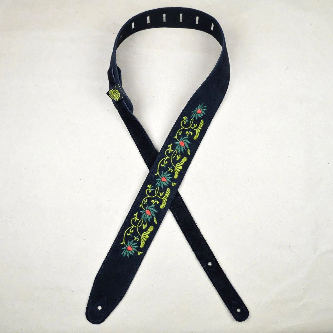 Flower and Leaves Embroidered Black Suede Guitar Strap-Straps-Muso's Stuff