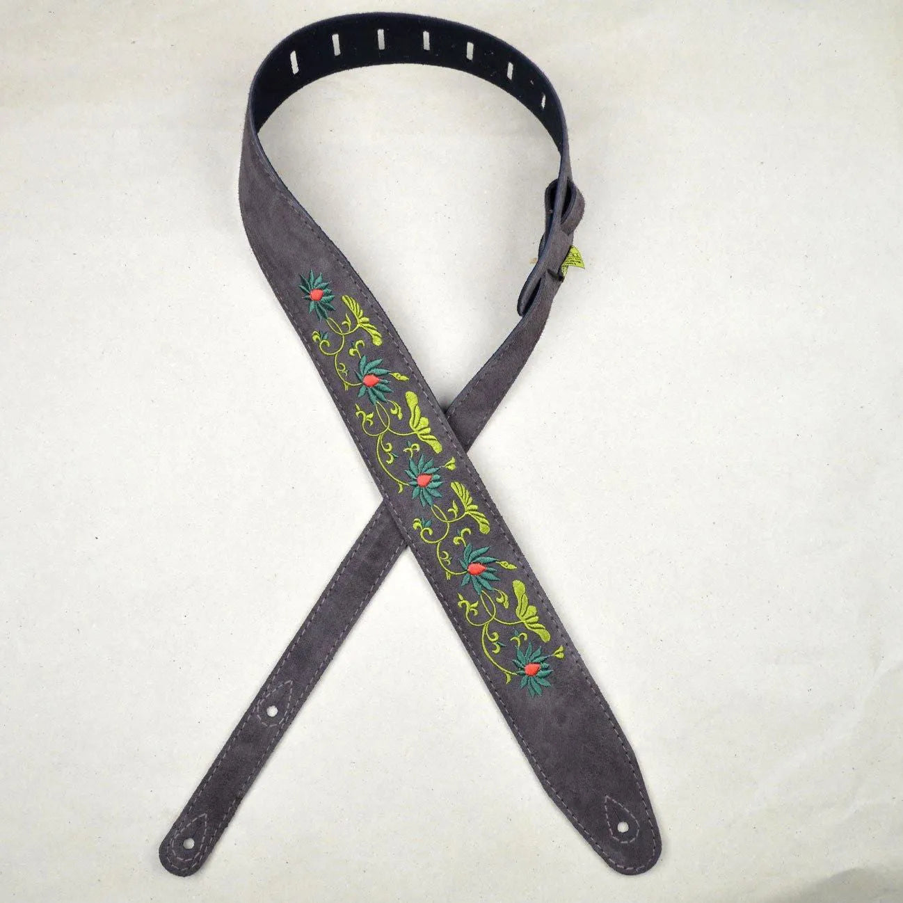 Flower and Leaves Embroidered Brown Suede Guitar Strap-Straps-Muso's Stuff
