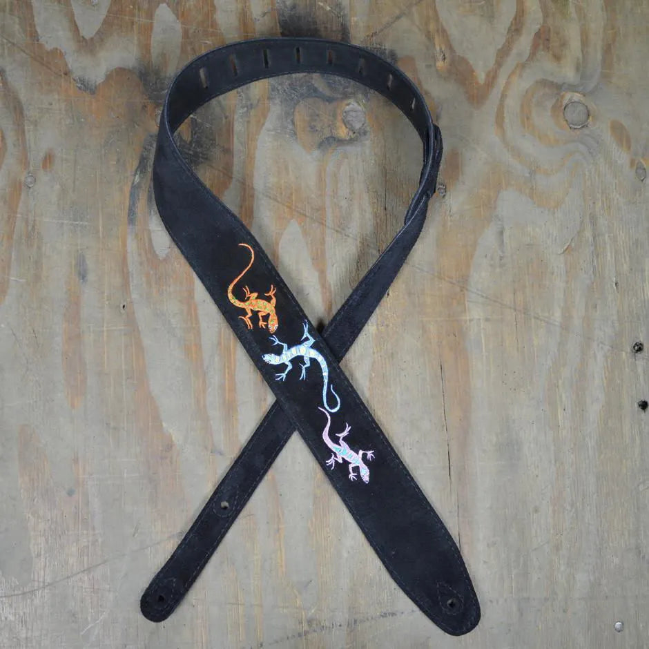Lizards Embroidered Black Suede Guitar Strap-Straps-Colonial Leather-Muso's Stuff