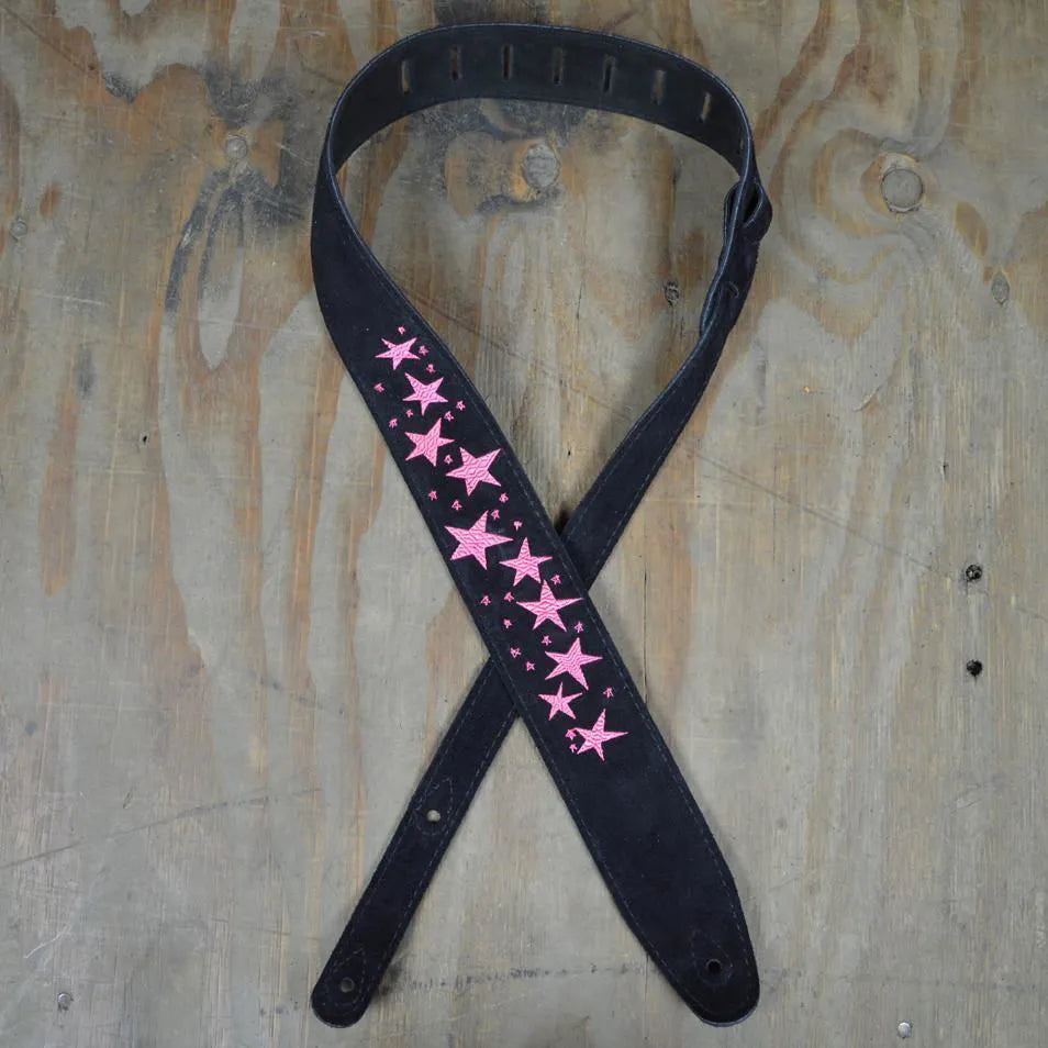 Pink Stars Embroidered Black Suede Guitar Strap-Straps-Colonial Leather-Muso's Stuff