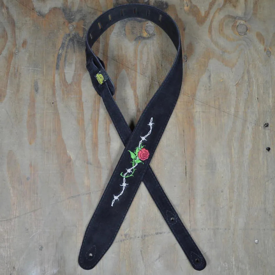 Rose & Barbed Wire Embroidered Black Suede Guitar Strap-Straps-Colonial Leather-Muso's Stuff