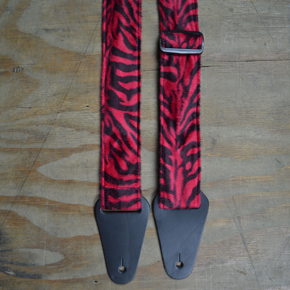 Colonial Leather AF14 red and black zebra faux fur guitar strap