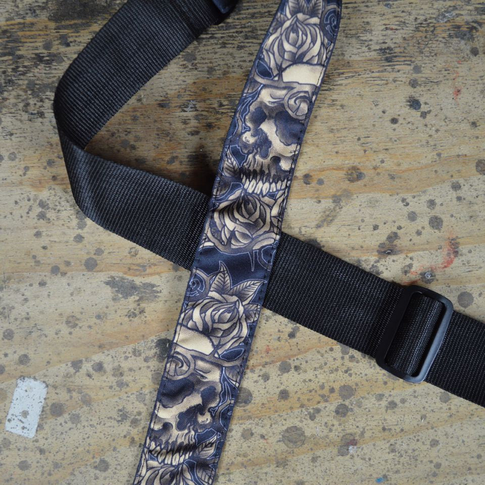 Colonial Leather TSSKROG Skull and Rose Grey Tattoo Rag Guitar Strap
