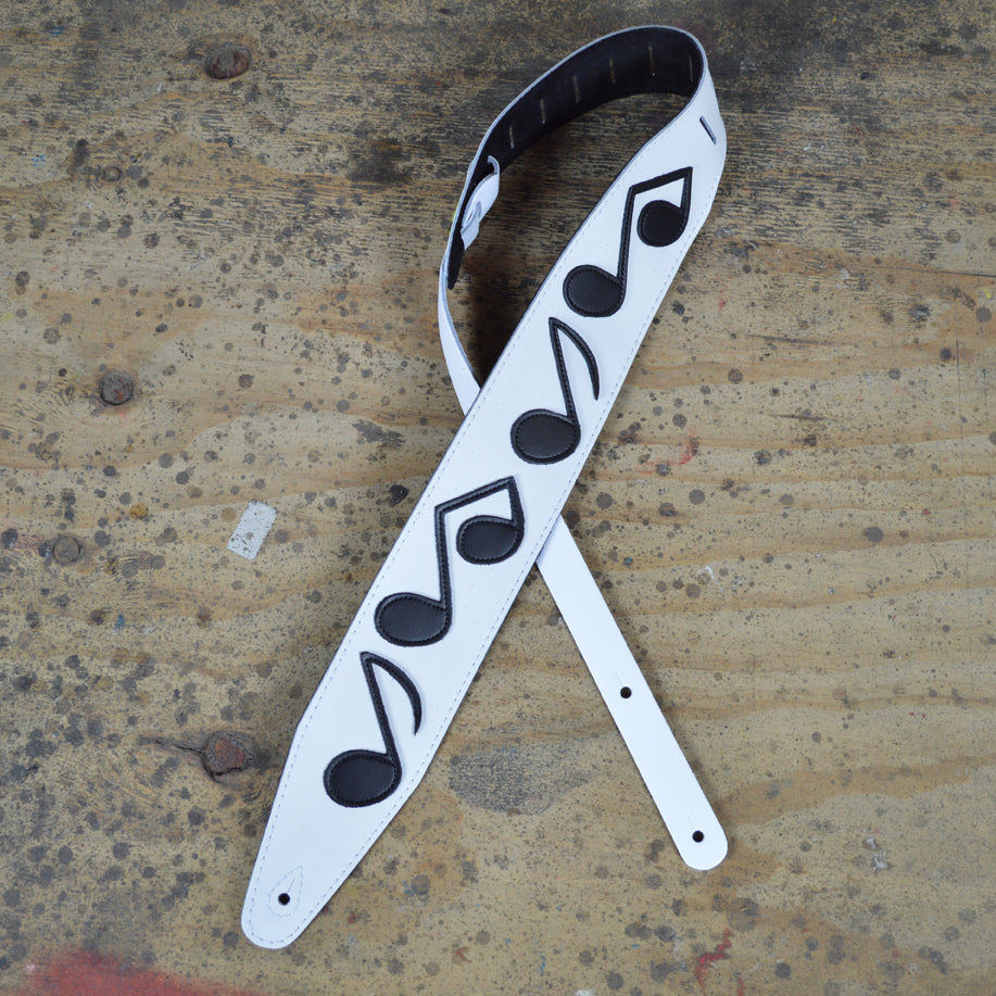 Colonial Leather 3.5 inch Guitar Strap Srv White W/Black Notes - SRV-WH