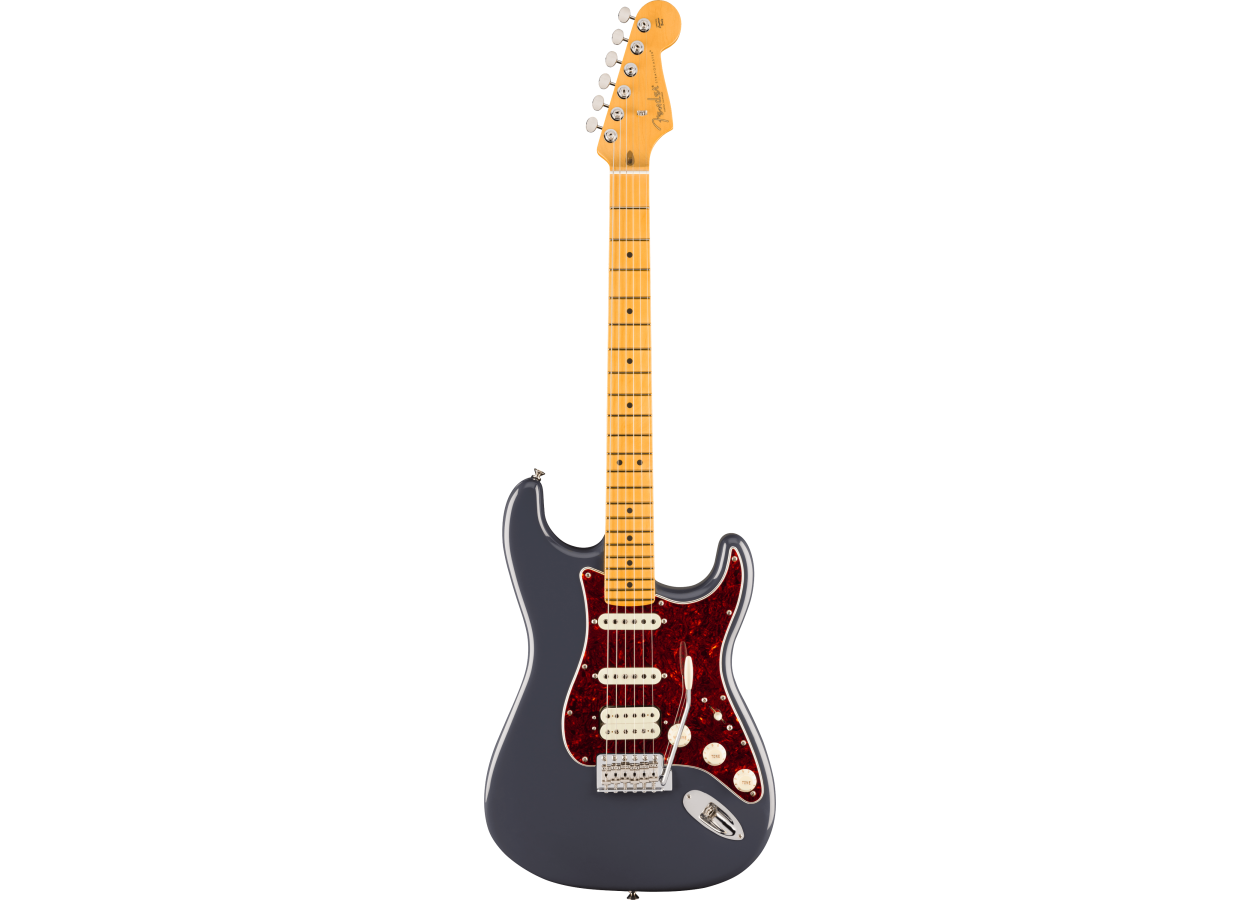 Electric guitar with a black body and red pickguard on a white background