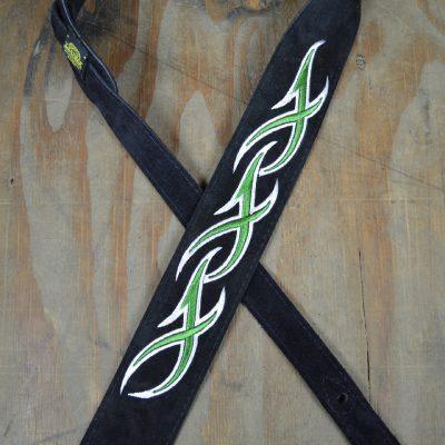 Green & White XXX Embroidered Black Suede Guitar Strap - Straps by Colonial Leather at Muso's Stuff