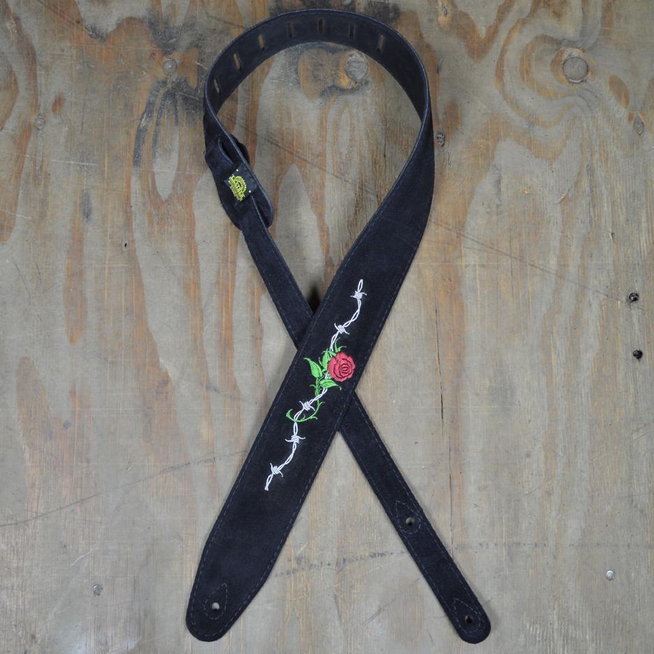Rose & Barbed Wire Embroidered Black Suede Guitar Strap - Straps by Colonial Leather at Muso's Stuff