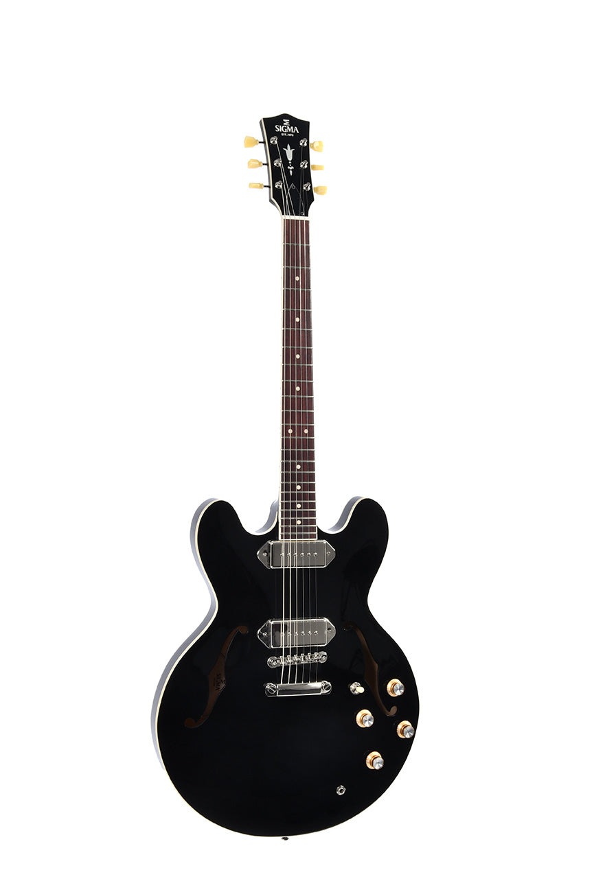 Sigma HBA-102P-BK semi-hollow P90 electric guitar in gloss black, front view