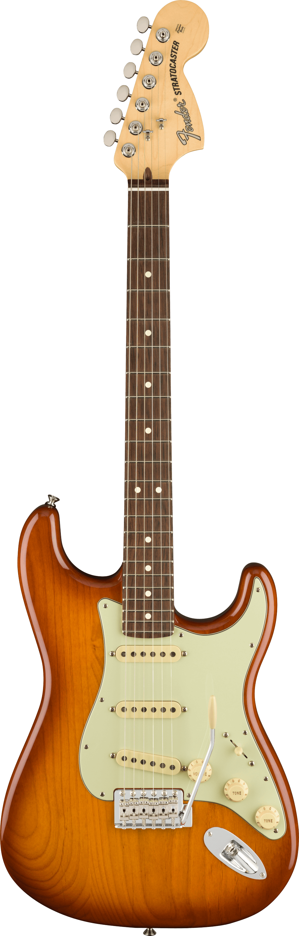 Fender electric guitar with a sunburst finish on a transparent background