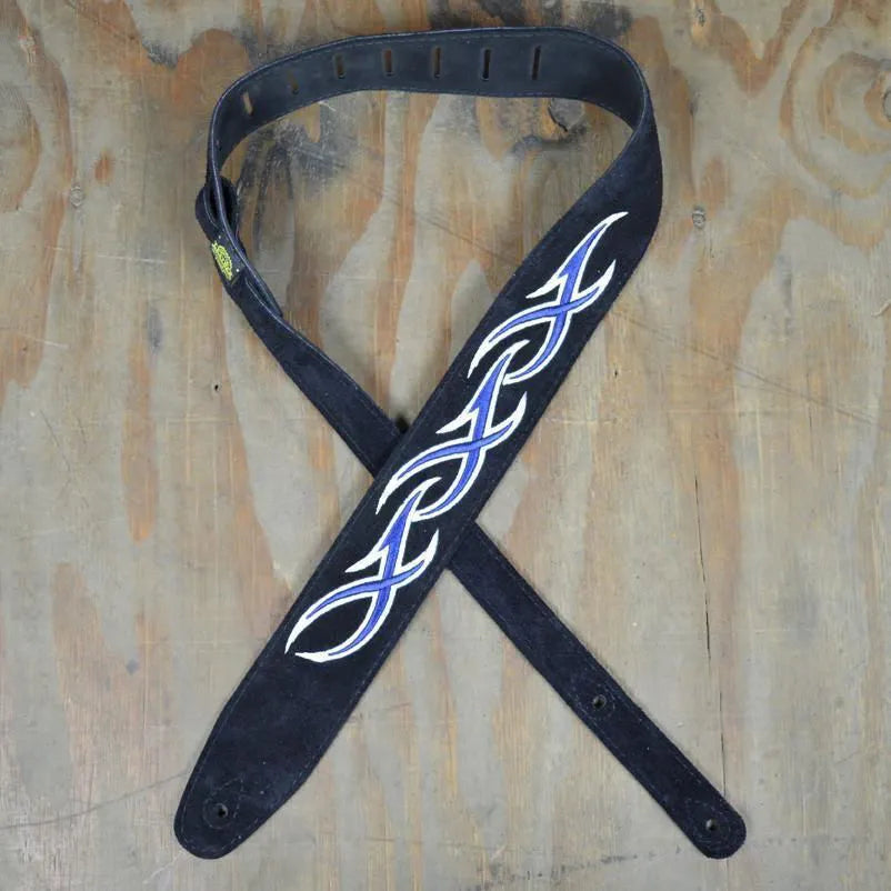 Blue & White XXX Embroidered Black Suede Guitar Strap-Straps-Muso's Stuff 