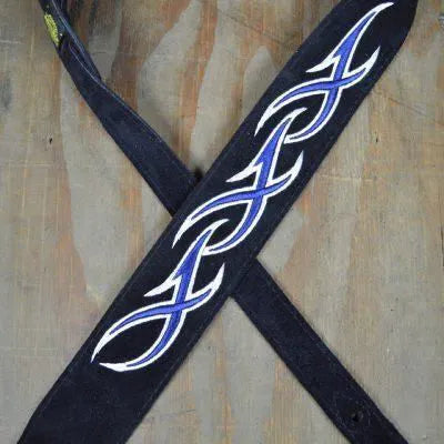 Blue & White XXX Embroidered Black Suede Guitar Strap--Muso's Stuff 