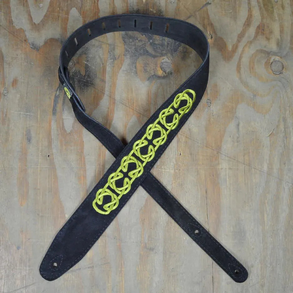 Green Celtic Knot Embroidered Black Suede Guitar Strap-Straps-Muso's Stuff 