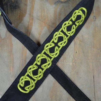 Green Celtic Knot Embroidered Black Suede Guitar Strap--Muso's Stuff 