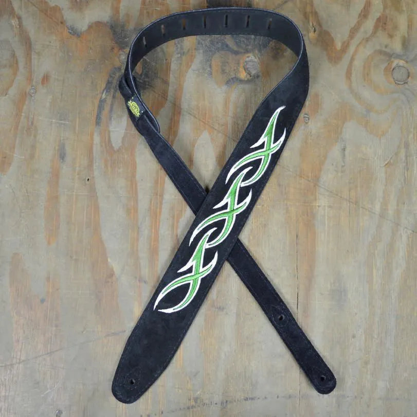 Green & White XXX Embroidered Black Suede Guitar Strap-Straps-Muso's Stuff 