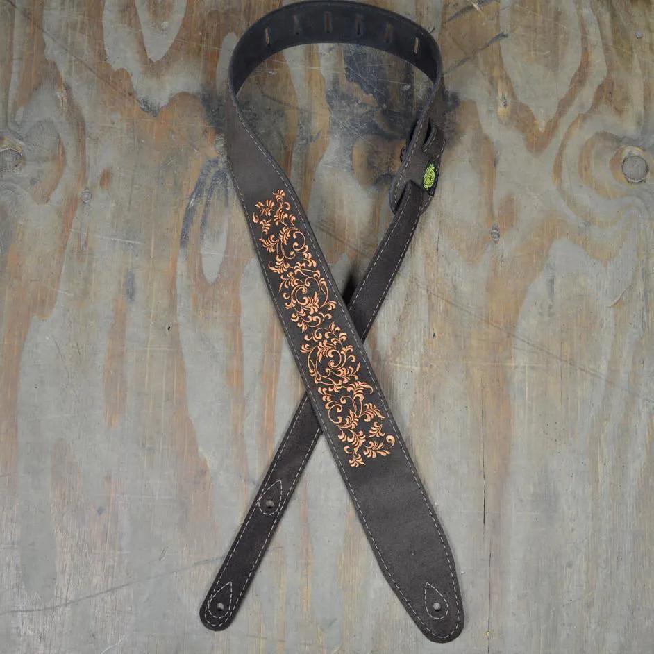 Leaves Embroidered Brown Suede Guitar Strap-Straps-Colonial Leather-Muso's Stuff 