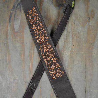 Leaves Embroidered Brown Suede Guitar Strap---Muso's Stuff 