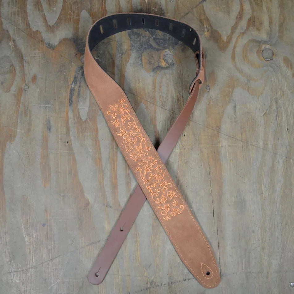 Leaves Embroidered Tan Suede Guitar Strap-Straps-Colonial Leather-Muso's Stuff 