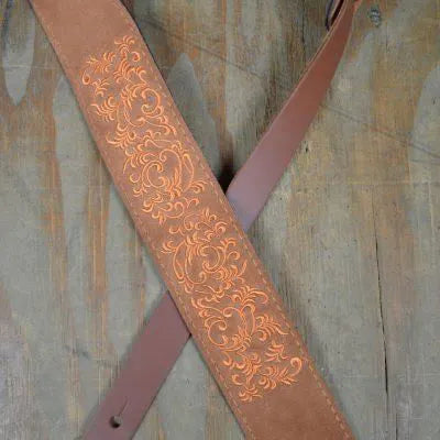 Leaves Embroidered Tan Suede Guitar Strap---Muso's Stuff 