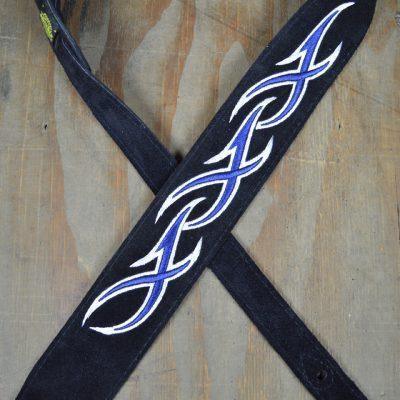 Blue & White XXX Embroidered Black Suede Guitar Strap - Straps by Colonial Leather at Muso's Stuff