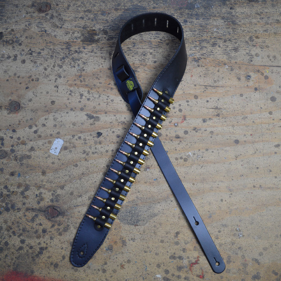 Colonial Leather brass shells on black leather guitar strap AMMO-B
