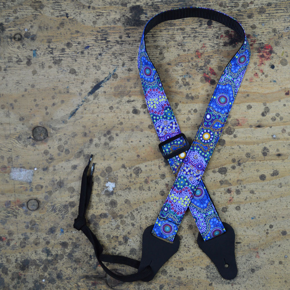 Colonial Leather Colonial Leather Aboriginal Art Rag Ukulele Strap – Yalke Wetlands Blue – IUKE-09