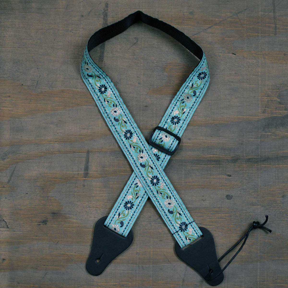 Colonial Leather Aqua Flower Jacquard On Webbing Ukulele Strap - JUKE-AFL