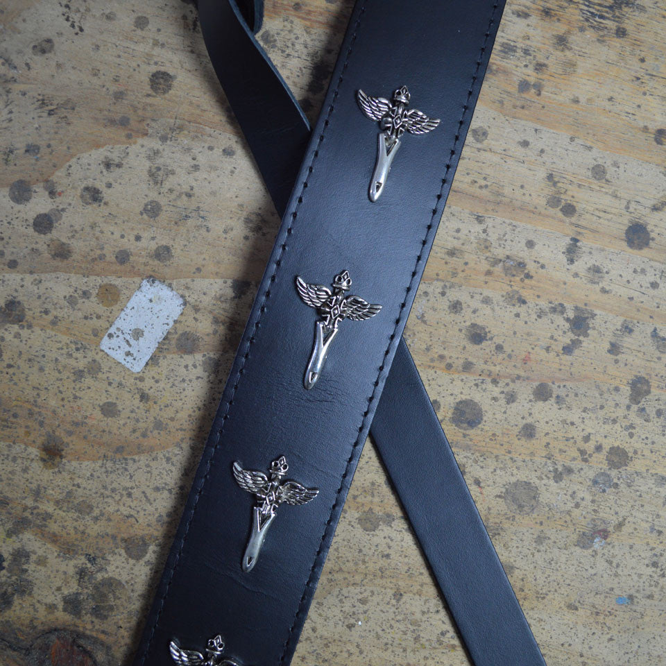 Colonial Leather SOSM-01 black leather guitar strap with metal cross wing embellishments