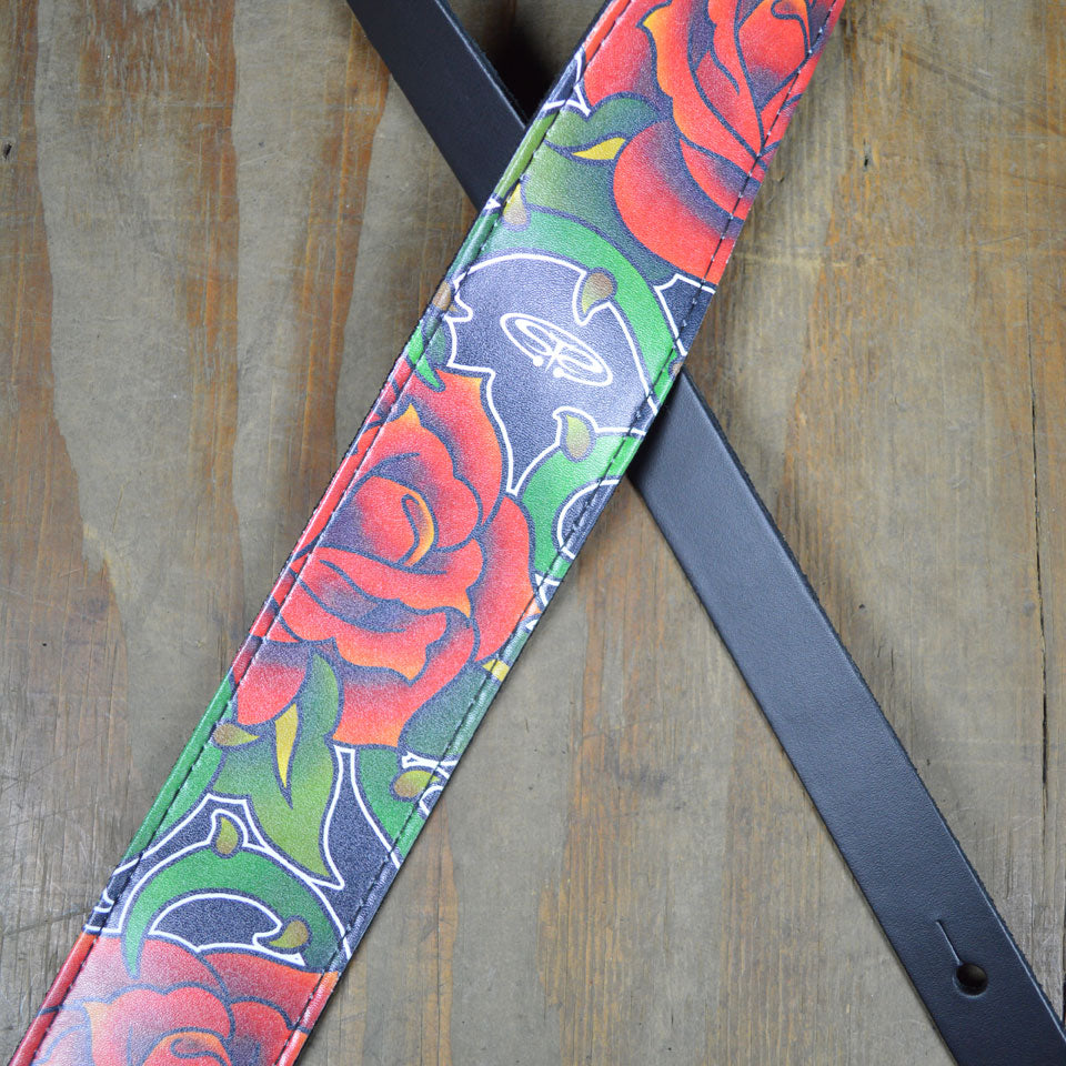 Colonial Leather Guitar Strap Printed Leather Roses - POS25-03