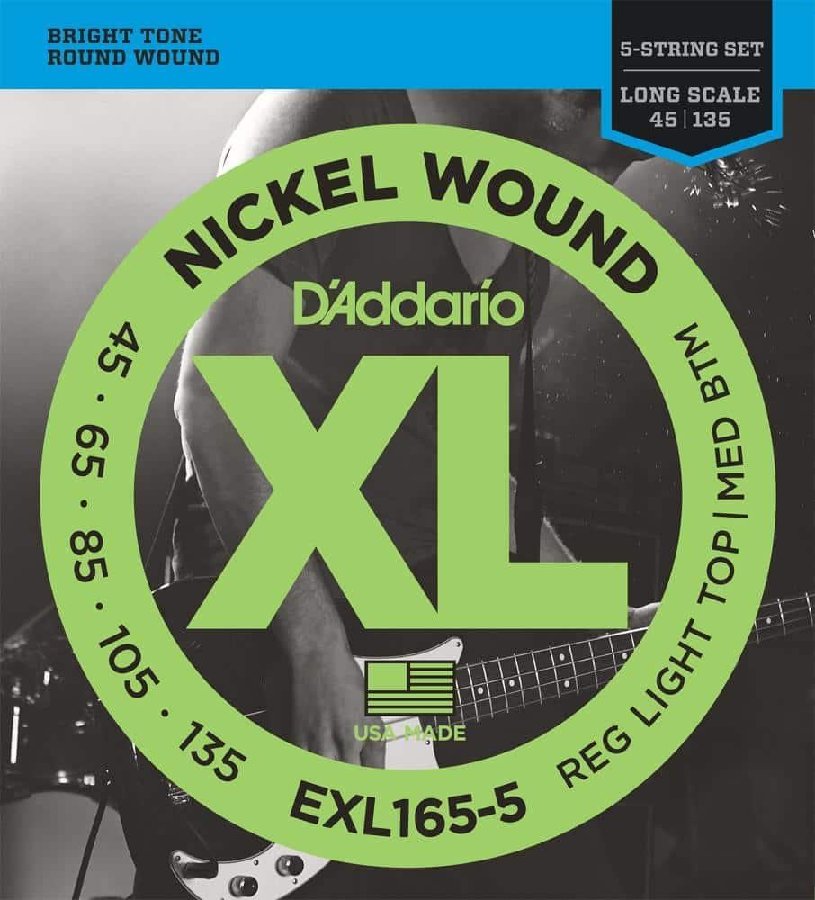 Daddario - Electric Bass Guitar Strings Set Five Strings 45-135 Nickle Wound Regular Light Top/Medium Bottom EXL165-5 - Strings - Bass by DAddario at Muso's Stuff