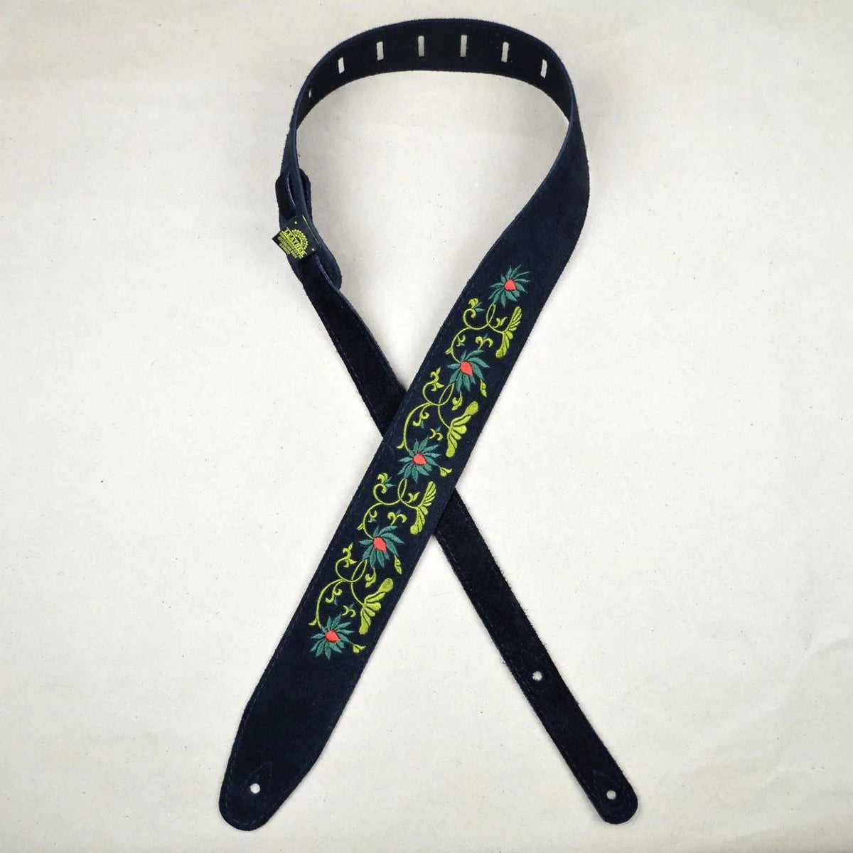 Colonial Leather Flower and Leaves Black Suede Guitar Strap