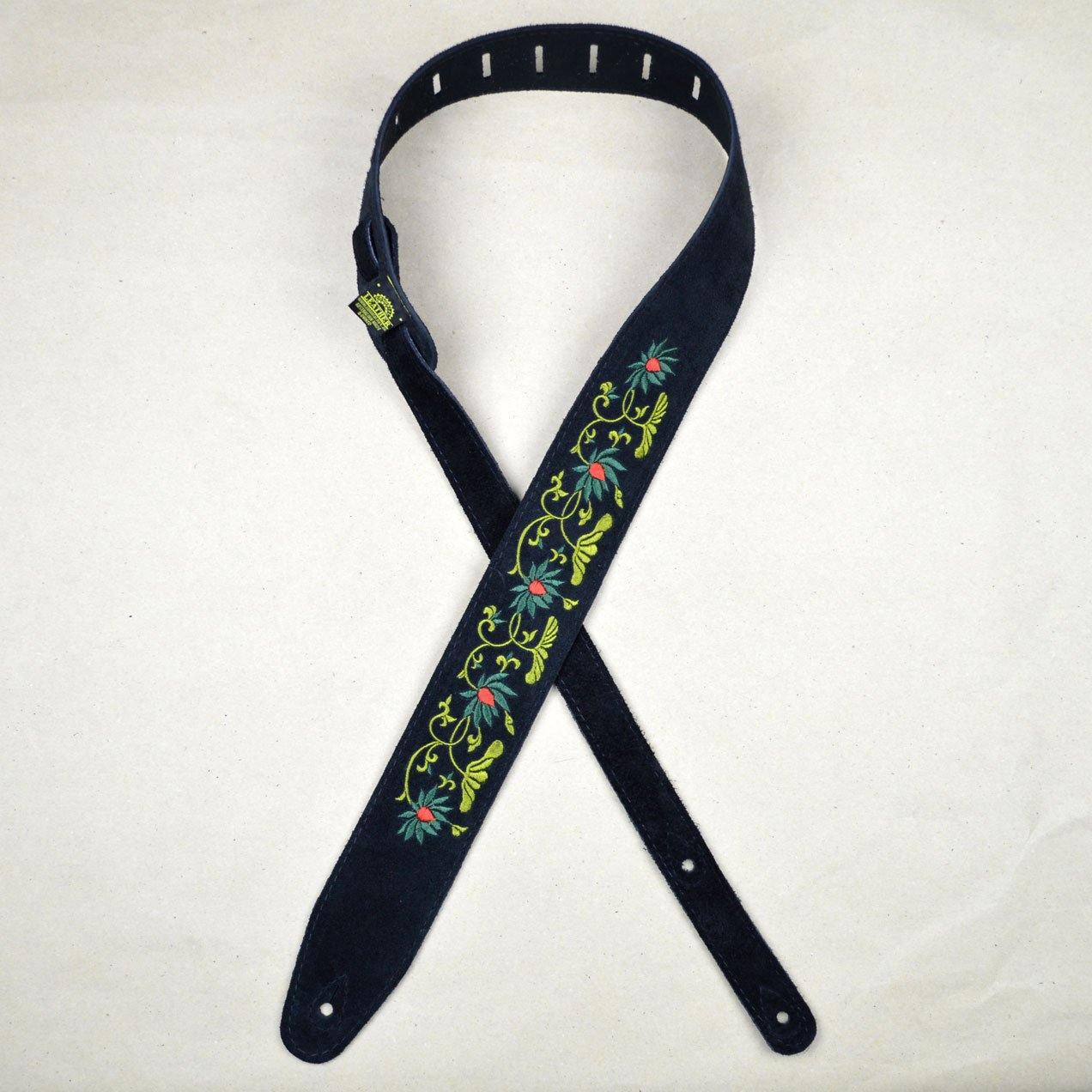 Flower and Leaves Embroidered Black Suede Guitar Strap - Straps by Colonial Leather at Muso's Stuff