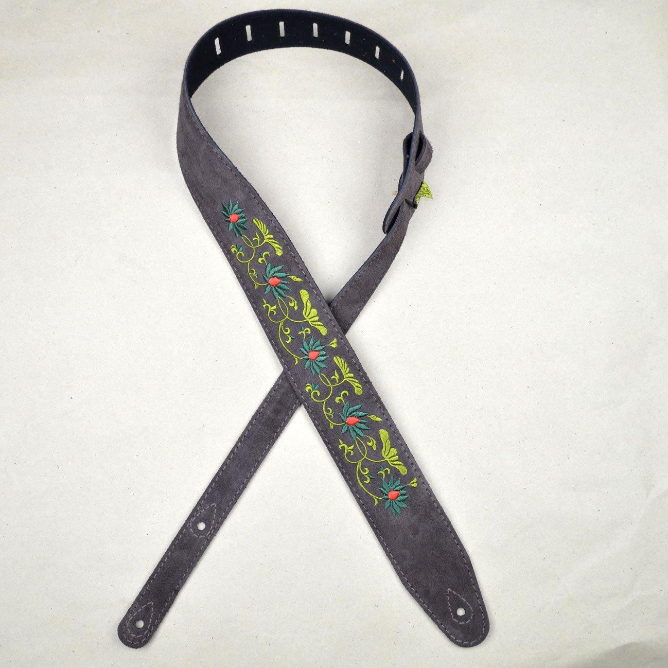 Flower and Leaves Embroidered Brown Suede Guitar Strap - Straps by Colonial Leather at Muso's Stuff
