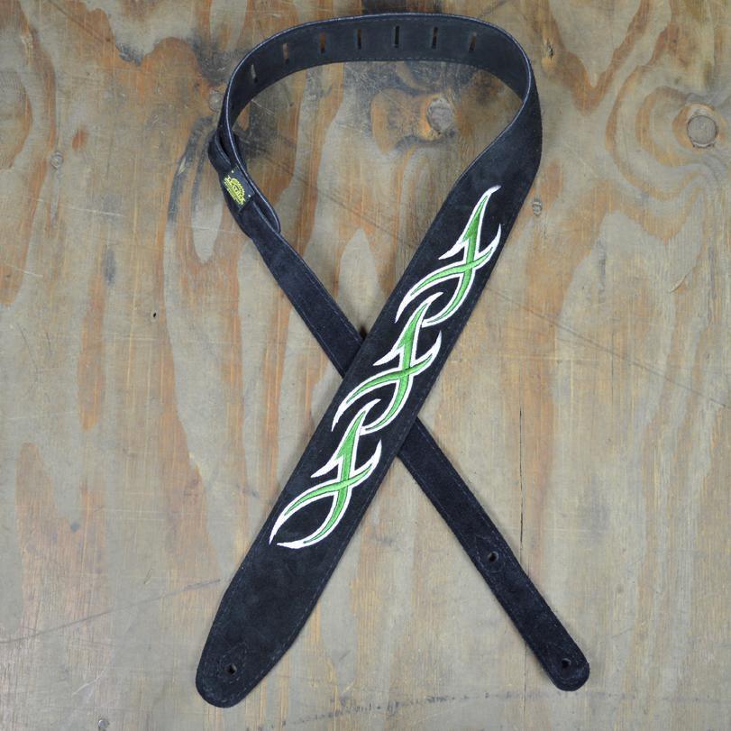Green & White XXX Embroidered Black Suede Guitar Strap - Straps by Colonial Leather at Muso's Stuff