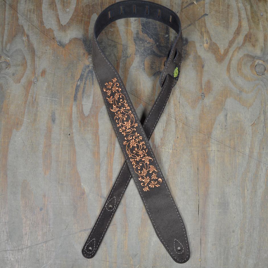 Leaves Embroidered Brown Suede Guitar Strap - Straps by Colonial Leather at Muso's Stuff