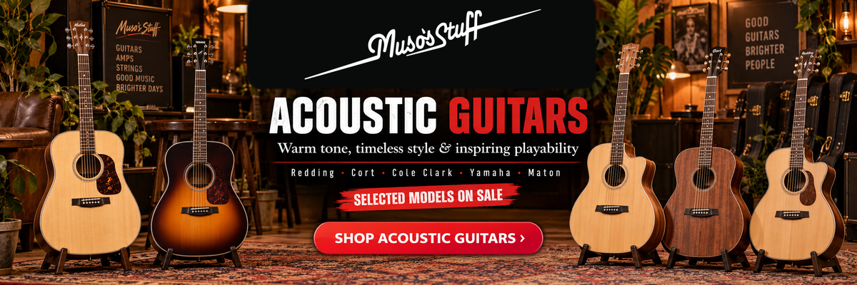 Acoustic Guitars at Muso's Stuff — desktop banner with authentic wordmark