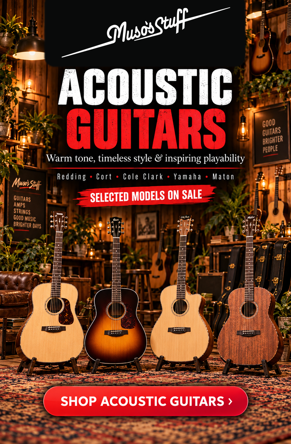 Acoustic Guitars at Muso's Stuff — mobile banner with authentic wordmark