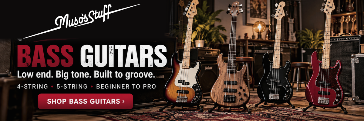 Muso's Stuff Bass Guitars desktop slideshow with genuine logo