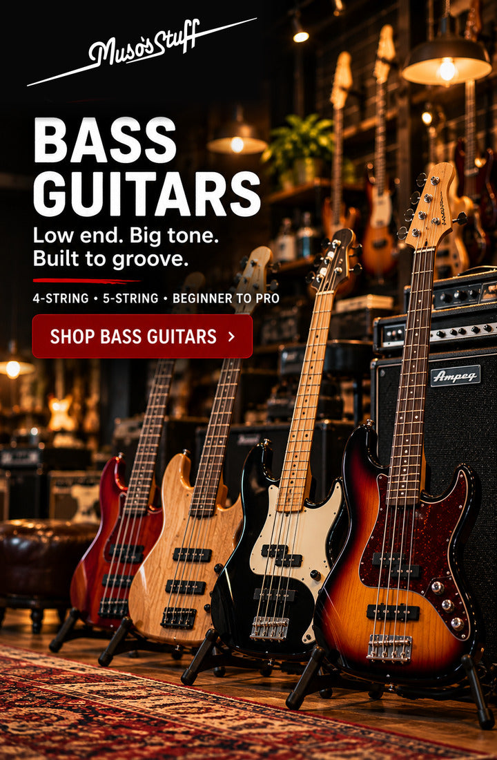 Bass Guitars at Muso's Stuff — natural-colour mobile slideshow banner