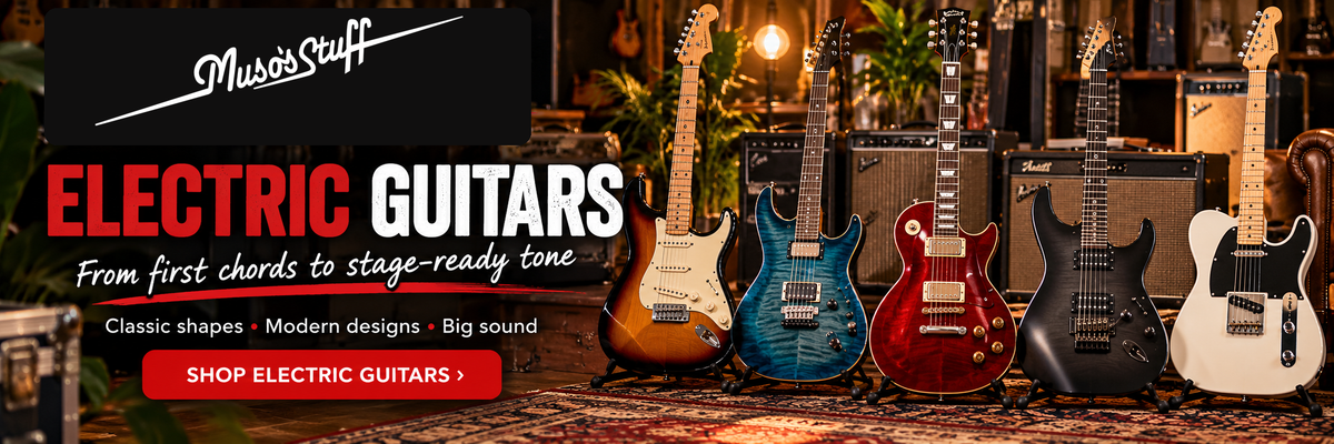 Electric guitars at Muso's Stuff — desktop slideshow with original logo