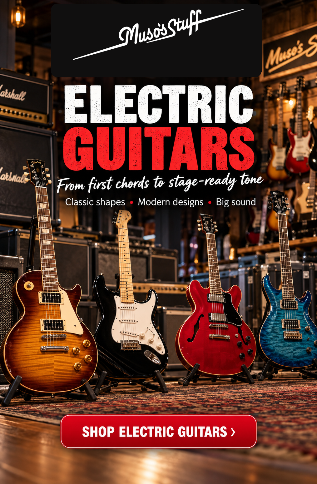 Electric guitars at Muso's Stuff — mobile slideshow with original logo
