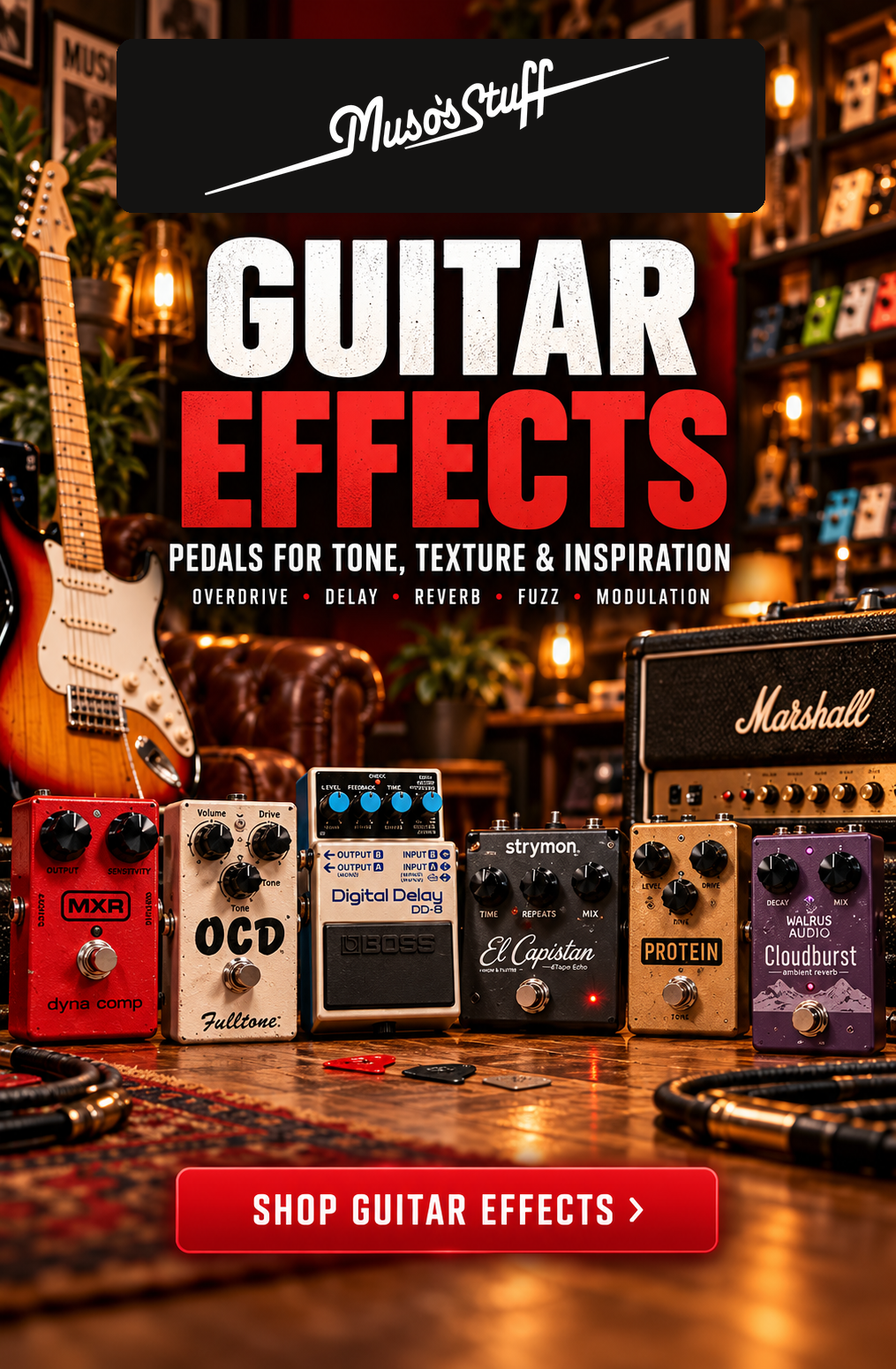 Guitar Effects at Muso's Stuff — mobile slideshow with original logo