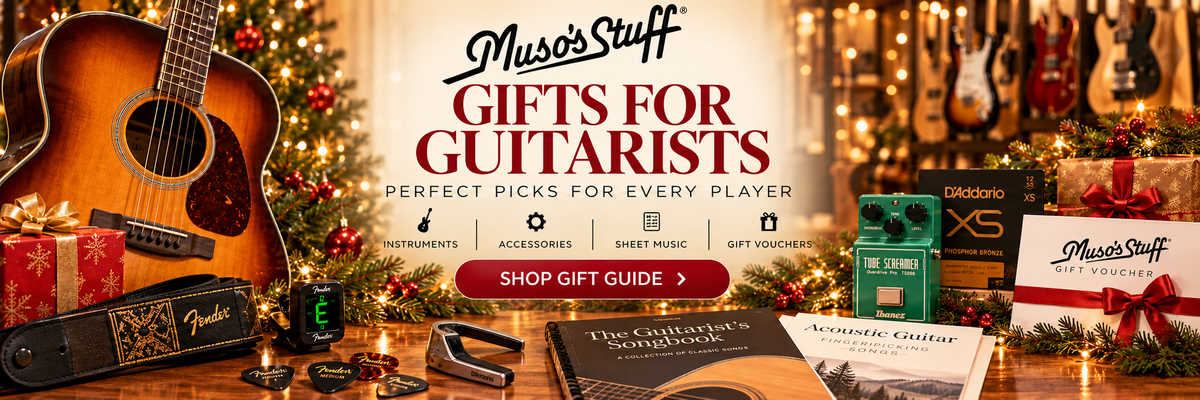 Gifts for Guitarists with Muso's Stuff script logo
