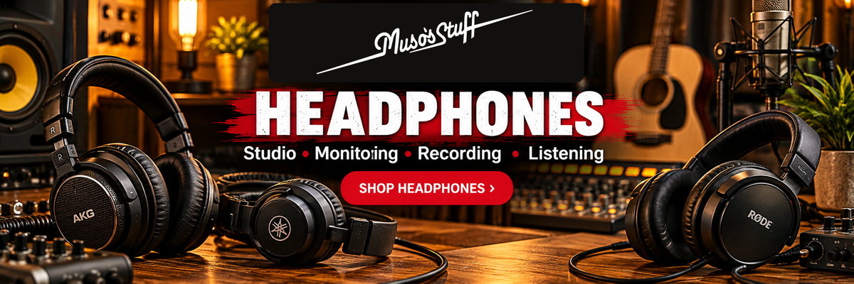 Headphones at Muso's Stuff — desktop original wordmark slideshow