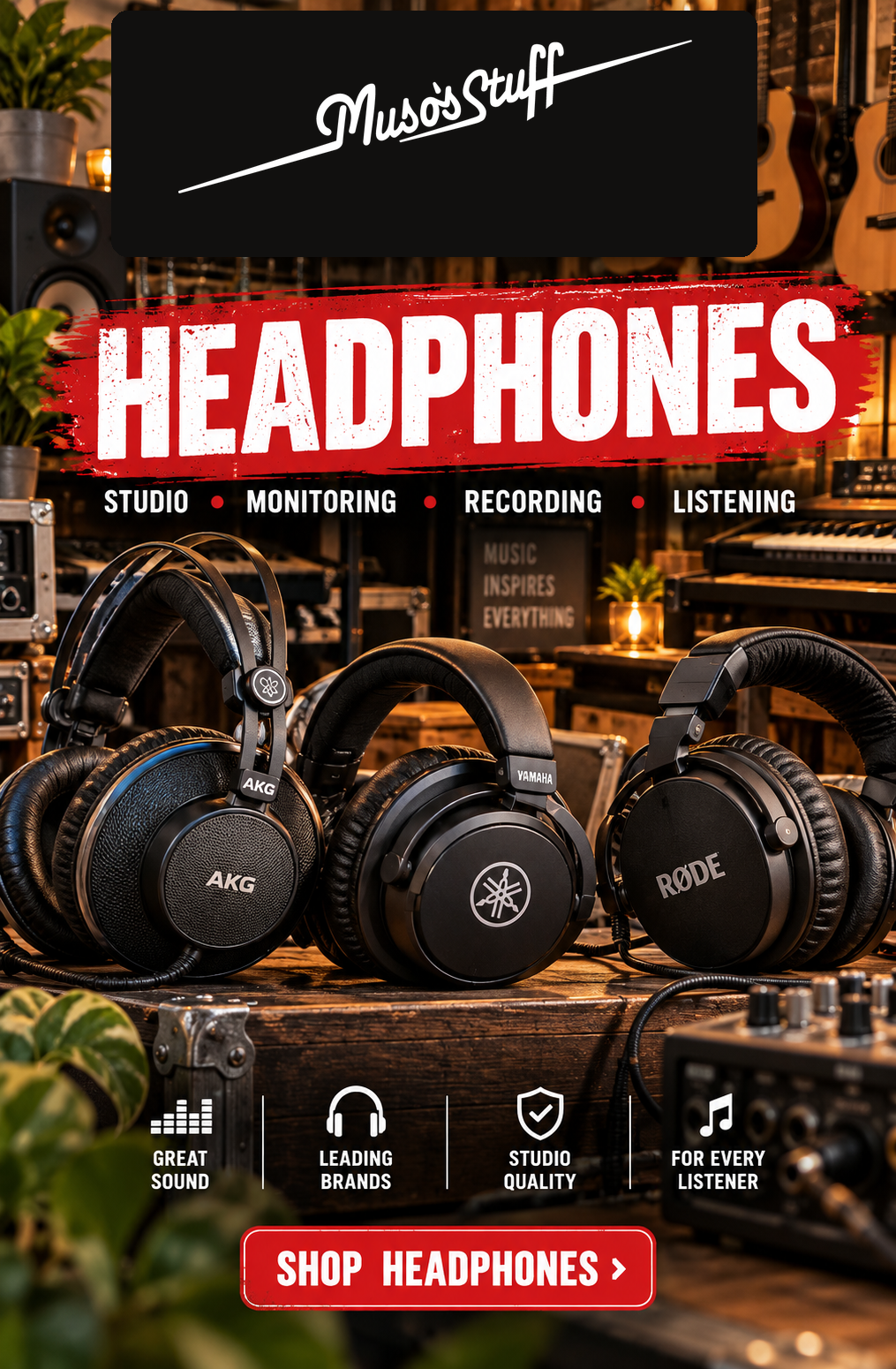 Headphones at Muso's Stuff — mobile original wordmark slideshow