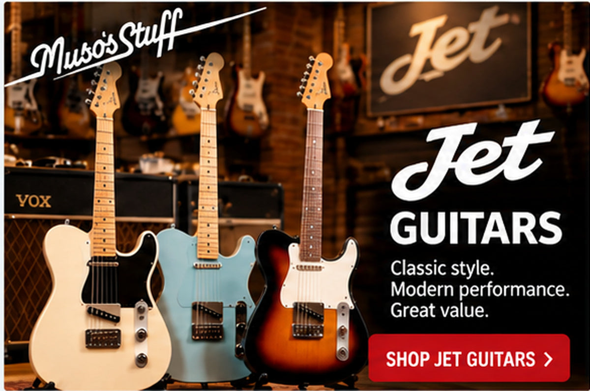 Muso's Stuff Jet Guitars promotional advert featuring three electric guitars and a Shop Jet Guitars call to action