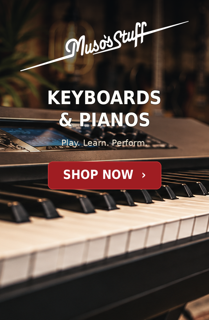 Muso's Stuff keyboards and pianos mobile slideshow banner with genuine logo