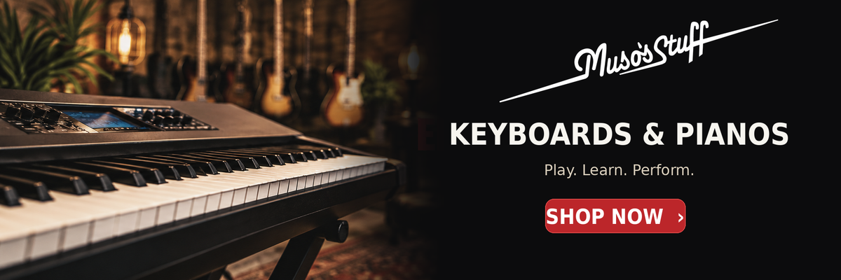Muso's Stuff Keyboards and Pianos — original logo clean full-bleed desktop banner