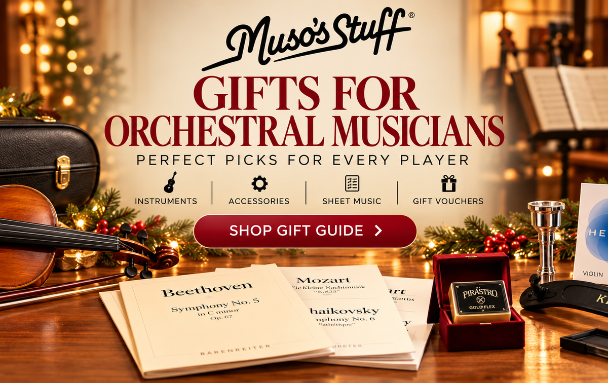 Gifts for Orchestral Musicians festive gift guide with Muso's Stuff script logo