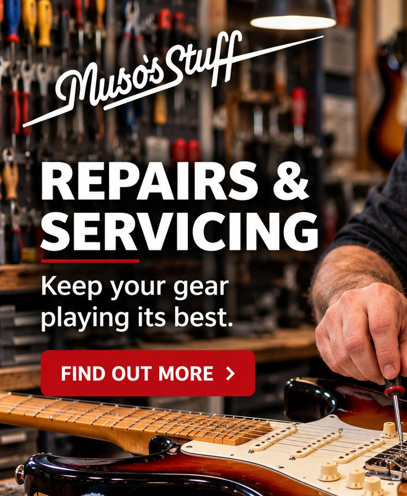 Muso's Stuff Repairs and Servicing promotional image with full headline and service button